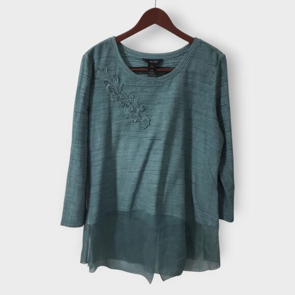 Ali Miles Floral Embroidered Lace Trim Tunic Top Green Spacedye Large Oversized - Picture 1 of 14